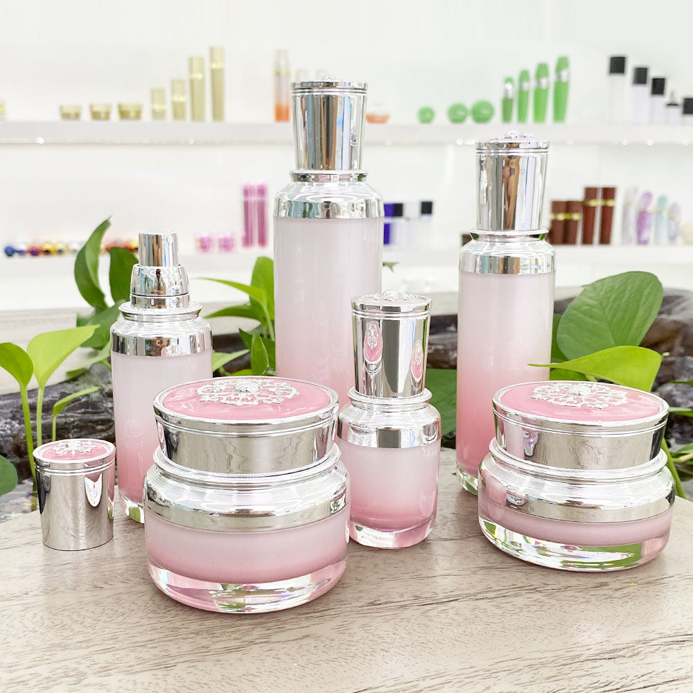 Acrylic Cosmetic Bottle & Jar Set Silver Cap 15ml–100ml | Custom OEM