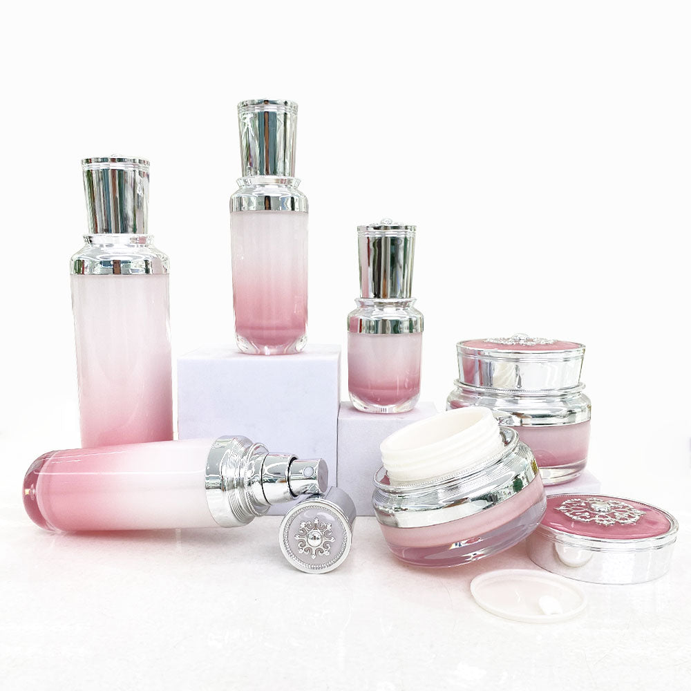 Acrylic Cosmetic Bottle & Jar Set Silver Cap 15ml–100ml | Custom OEM